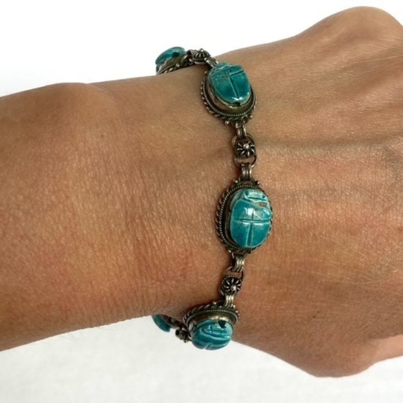 Jewelry - VTG Sterling Silver 925 Faience Glazed Ceramic Blue Scarab Link Bracelet 7"